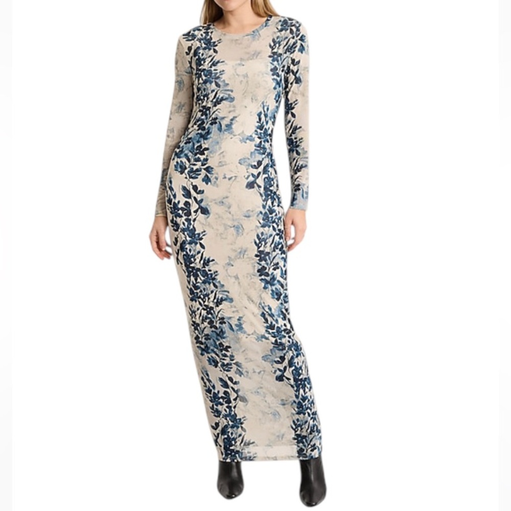 NWT Express Printed Mesh Crew Neck Long Sleeve Maxi Dress